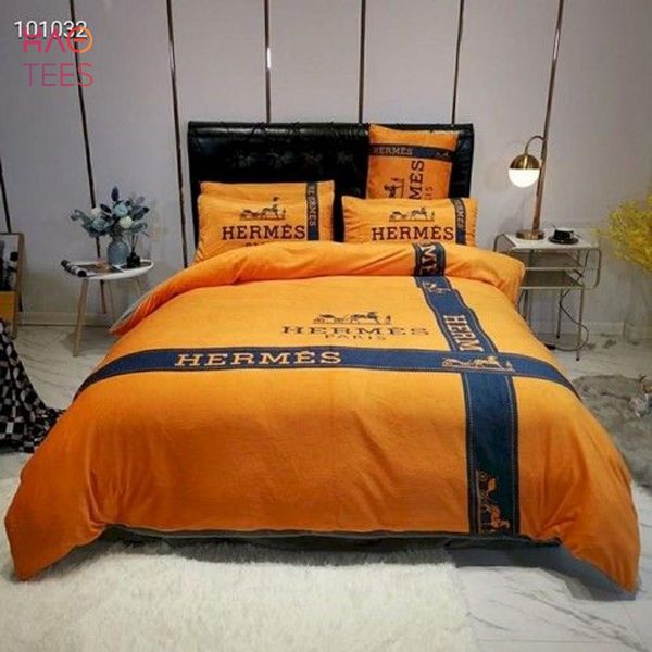 Hermes Hot Orange Duvet Cover Luxury Brand Mix Blue Stripe Bedding Set Limited Edition