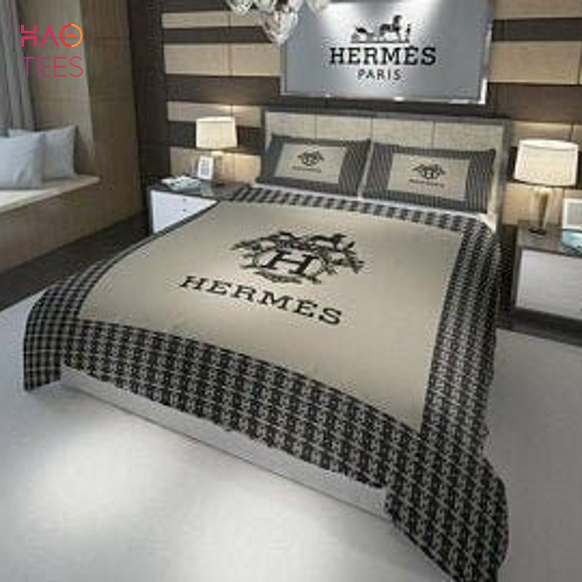Hermes Light Gray Color Luxury Brand Stripe Pattern Bedding Set Limited Edition