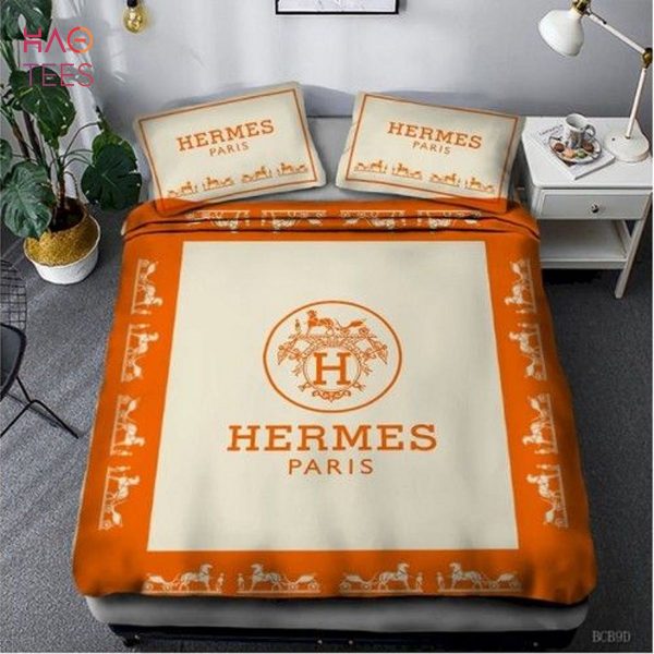 Hermes Luxury Brand Mix White Orange Duvet Cover Bedding Set