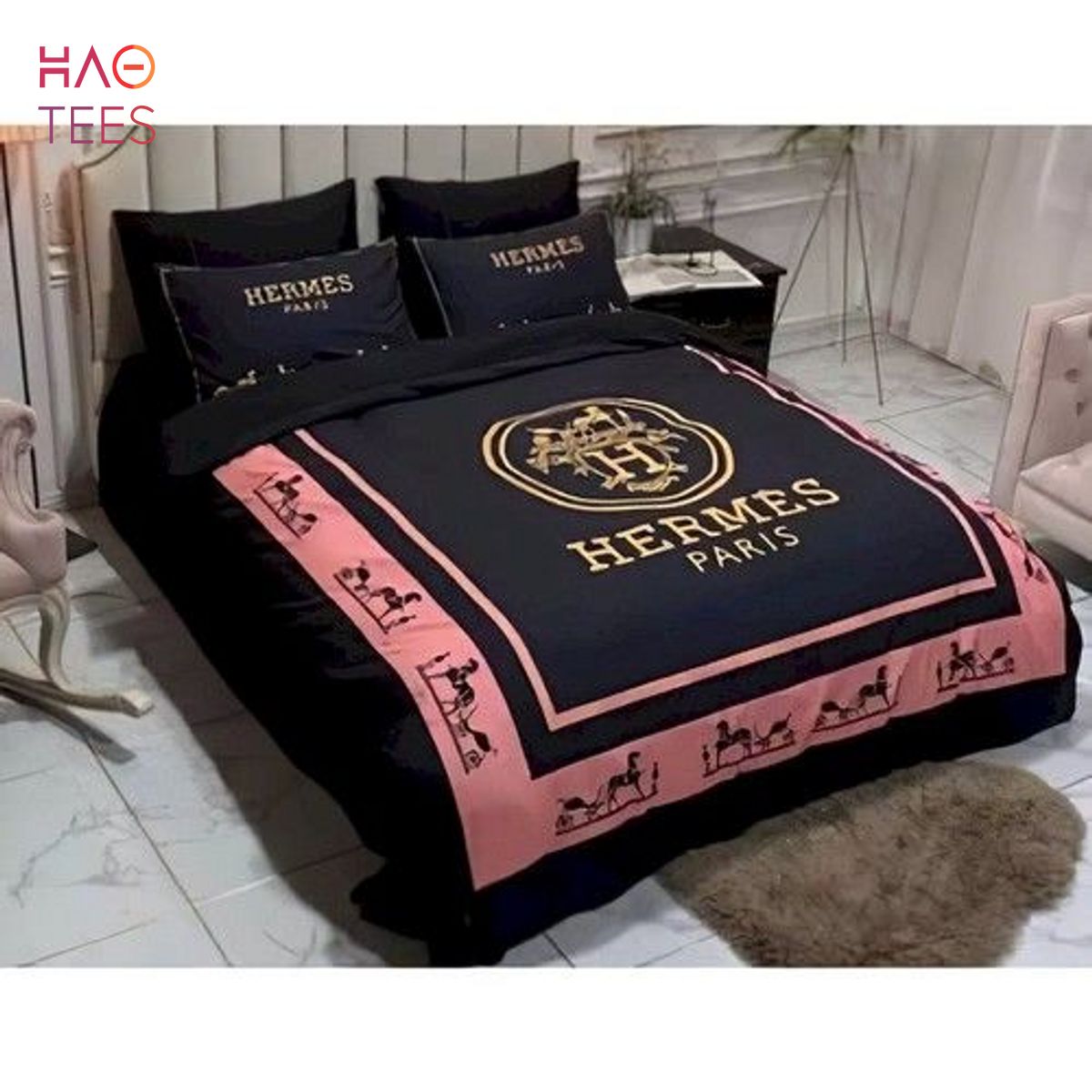 Hermes Paris Full Black Mix Pink Luxury Brand Bedding Set