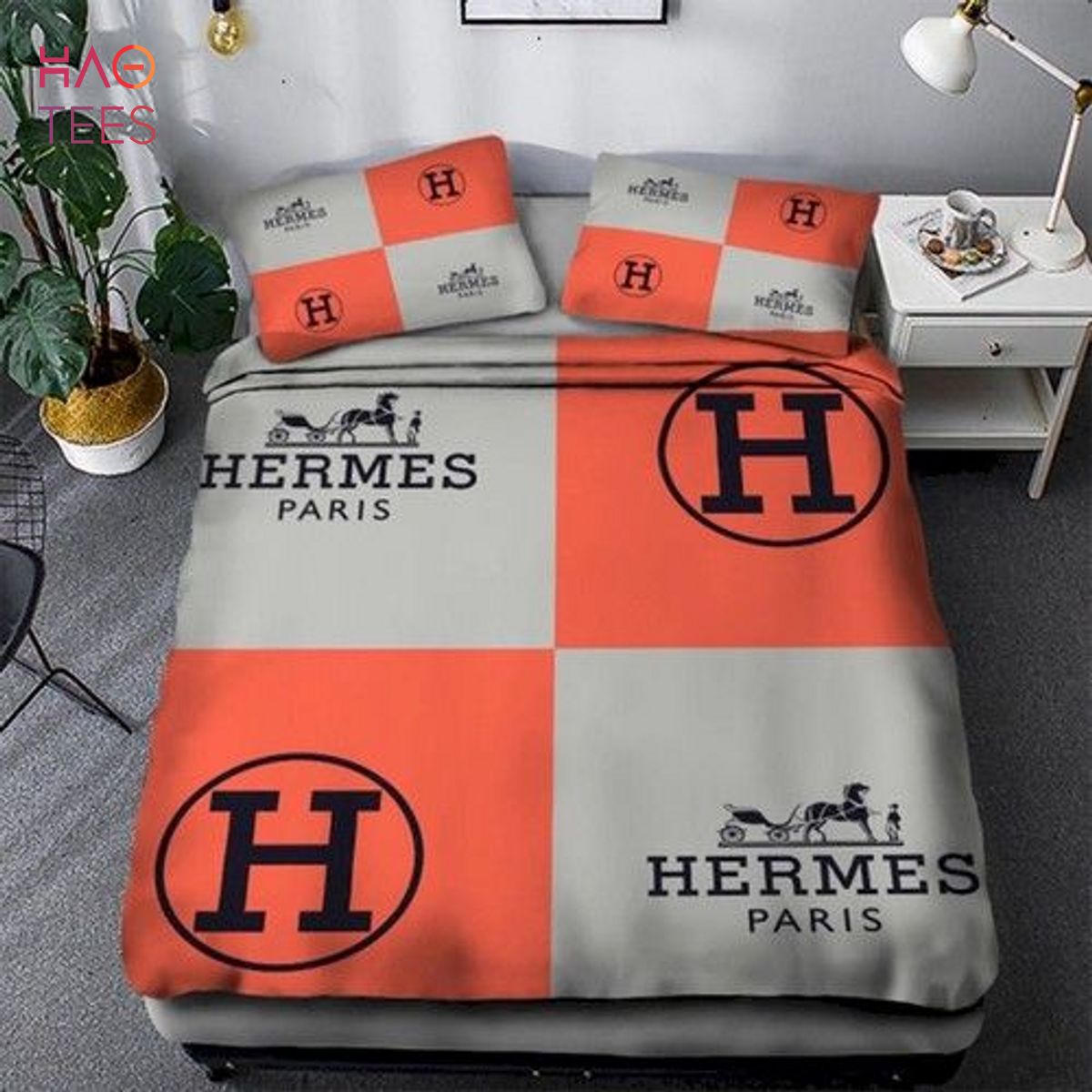 [THE BEST] Hermes Luxury Brand Gray Mix Orange Duvet Cover Bedding Set