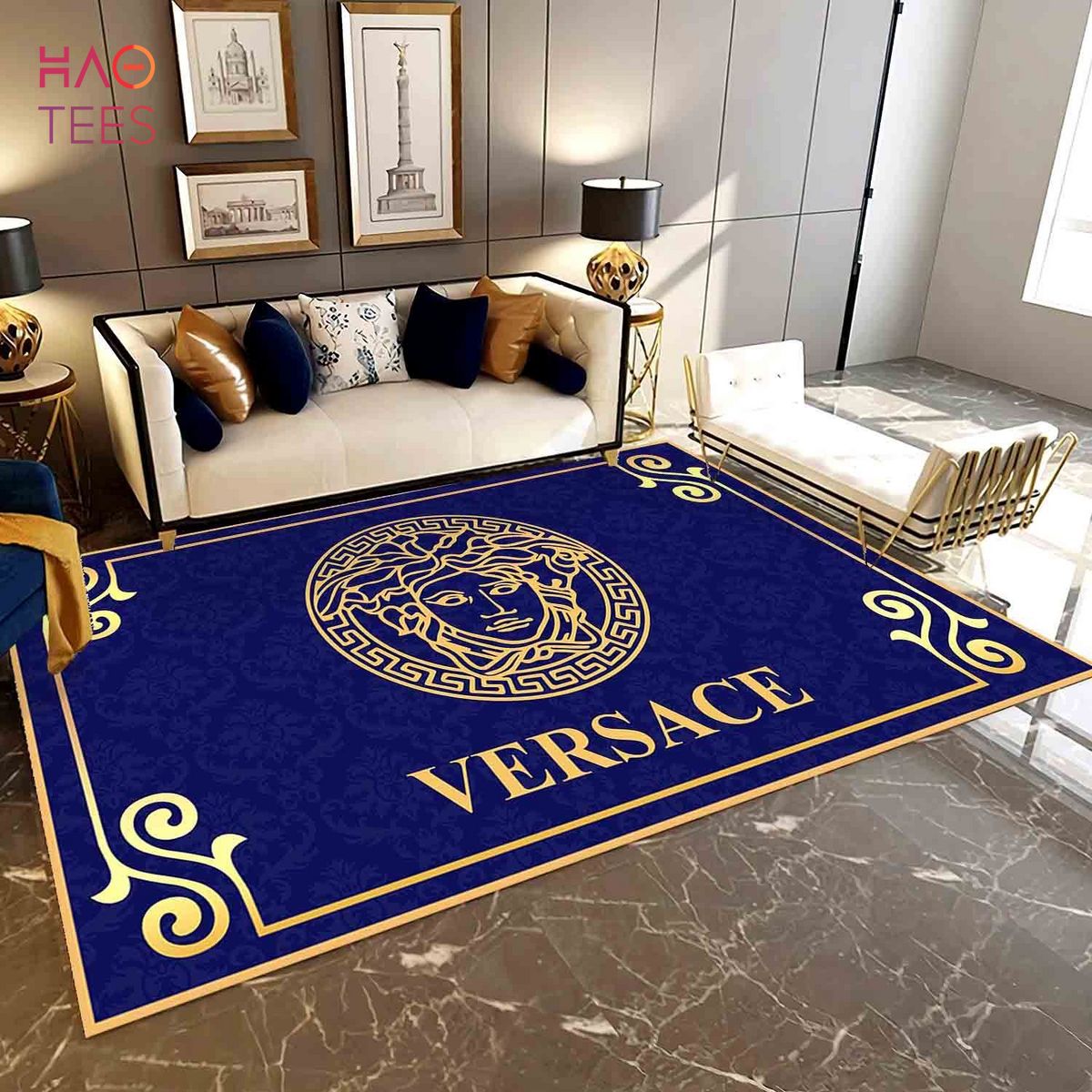 Versace Inspired Area Rug Blue Gold Luxury Hypebeast Living Room Decor