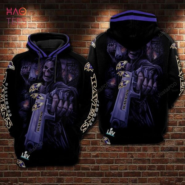 Baltimore Ravens Nfl Football Skull Guns Violet 3d Hoodie