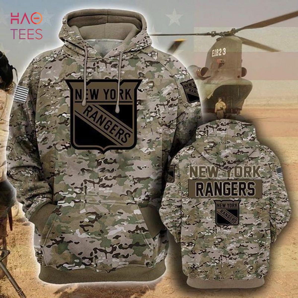 New York Rangers Camouflage Veteran 3D Hoodie All Over Print