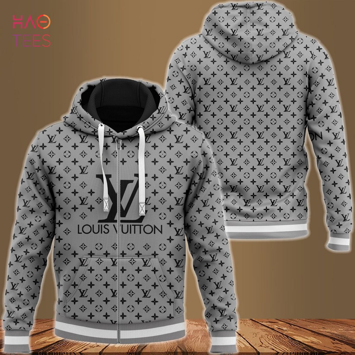 HOT Louis Vuitton Luxury Brand Full Grey Color Hoodie POD Design