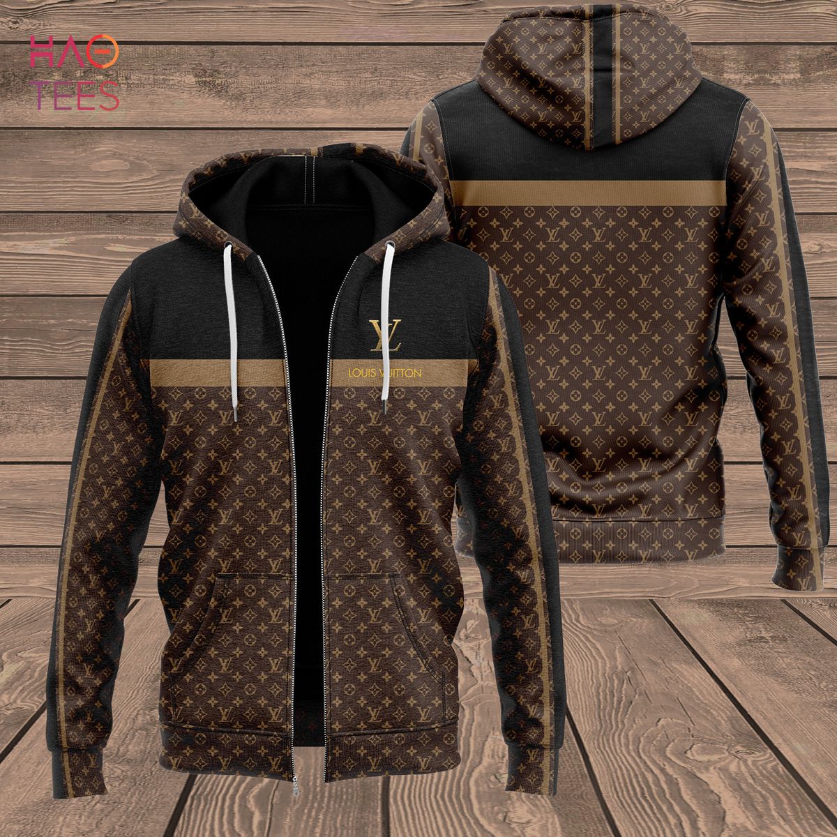 Luxury Louis Vuitton Dark Brown with Gold Diagonal Lines 3D Shirt and Pants