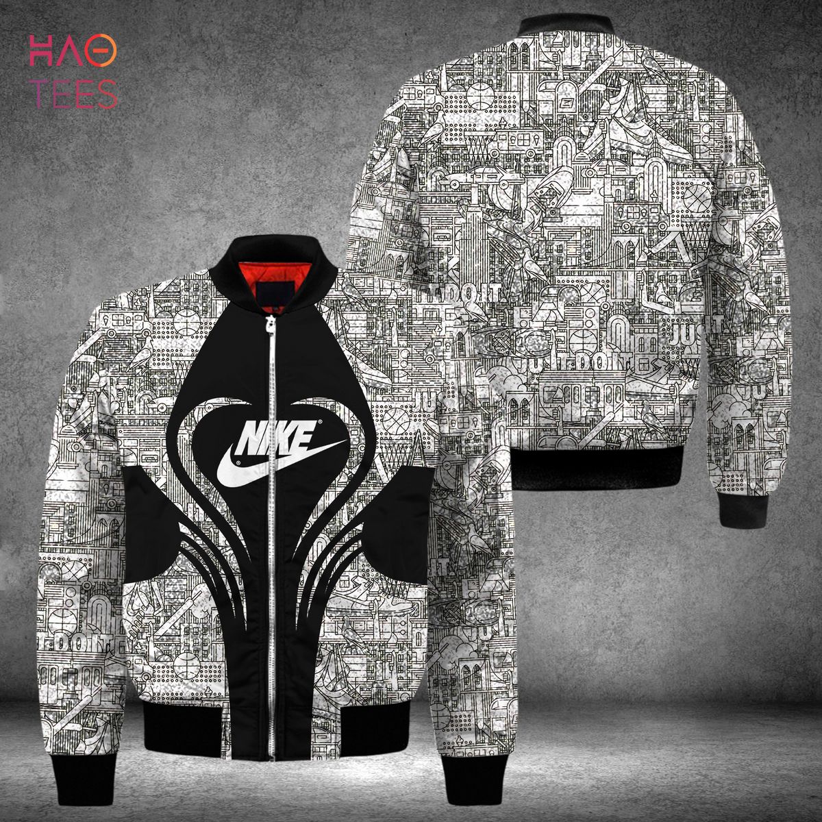 BEST Nike Luxury Brand Black Grey Full Printing Bomber Jacket POD Design Luxury Store