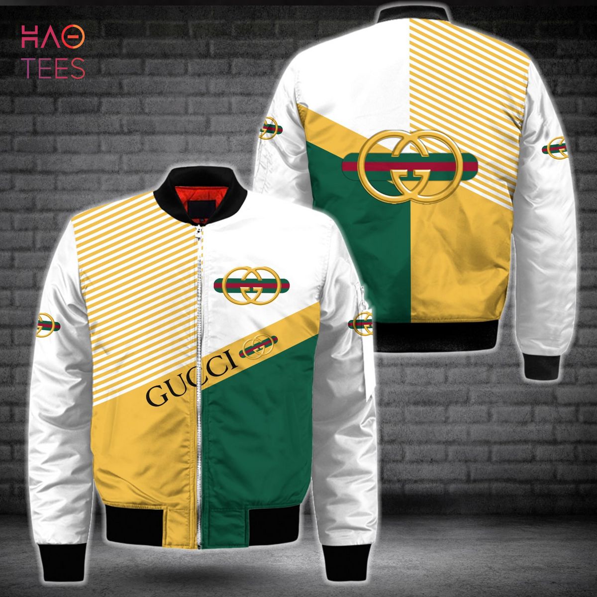 HOT Gucci Luxury Brand Green Gold White Bomber Jacket Limited Edition