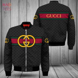 TRENDDING Gucci Luxury Brand Black Mix Gold Logo Bomber Jacket Limited Edition