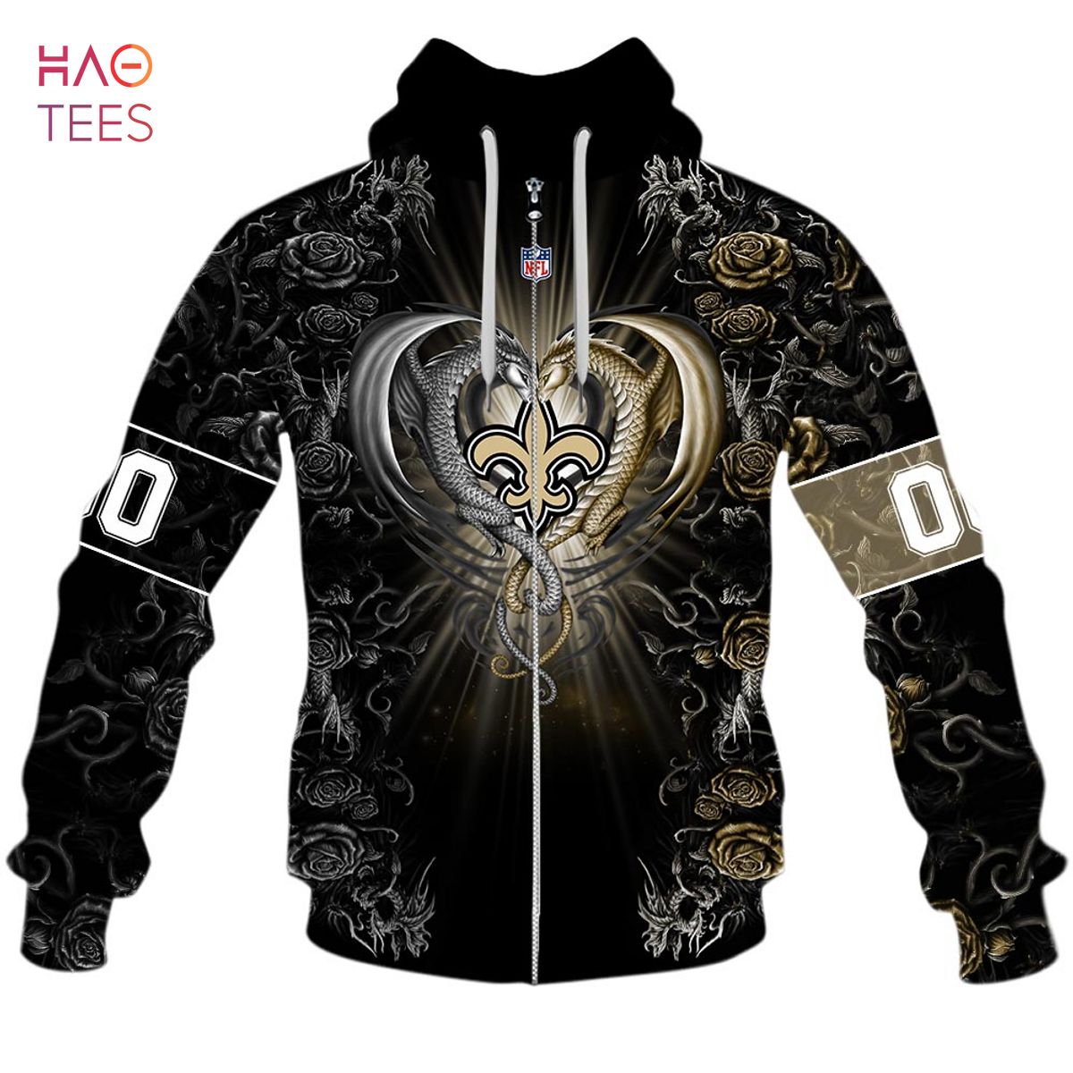 NFL Football NEW ORLEANS SAINTS Black Gold Embroidered Polyester Hoodie  Pullover Sweatshirt