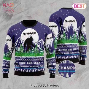 Bigfoot Ugly Christmas Sweater Bigfoot Hide And Seek World Champion Blue Sweater 2022