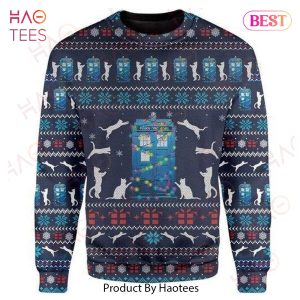 Cat Christmas Sweater Cat Tardis Christmas Pattern Blue Ugly Sweater 2022
