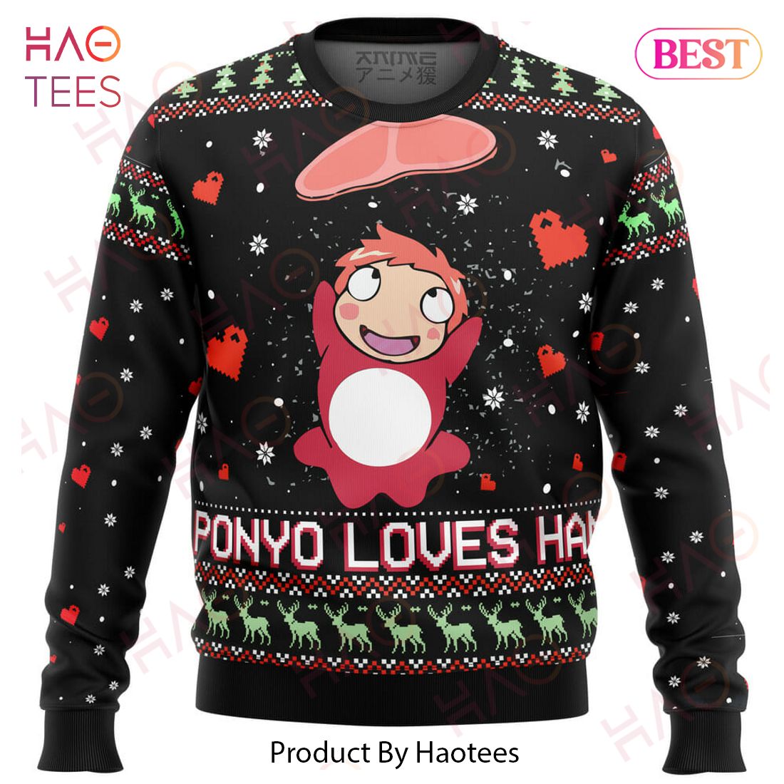 Ghibli Ponyo Loves Ham Ugly Christmas Sweater Ghibli Ponyo Loves Ham Ugly Christmas Sweater