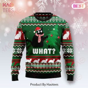 Gifury Cat Christmas Sweater Christmas Hat Black Cat What Green Ugly Sweater Cat Ugly Sweater 2022