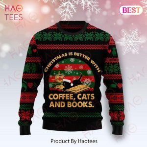 Gifury Cat Christmas Sweater Christmas Is Better With Coffee Cats And Books Black Ugly Sweater Cat Ugly Sweater 2022