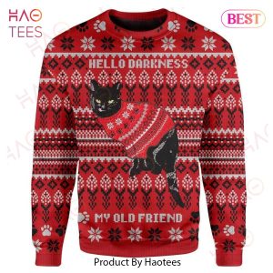 Gifury Cat Christmas Sweater Hello Darkness My Old Friend Black Cat Red Ugly Sweater Cat Ugly Sweater 2022