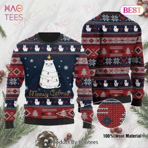 Gifury Cat Christmas Sweater Meowy Catmas White Cat Christmas Pattern Blue Red Ugly Sweater Cat Ugly Sweater 2022