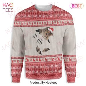 Gifury Cat Sweater Cat Scratch White Red Ugly Sweater Cat Ugly Sweater 2022