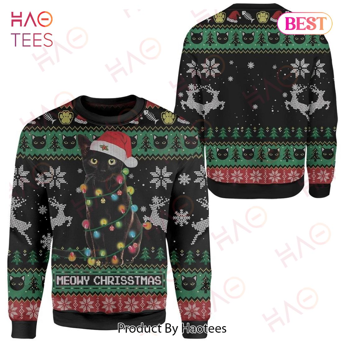 Gifury Cat Ugly Sweater Meowy Christmas Black Cat Christmas Pattern Black Sweater Cat Sweater 2022