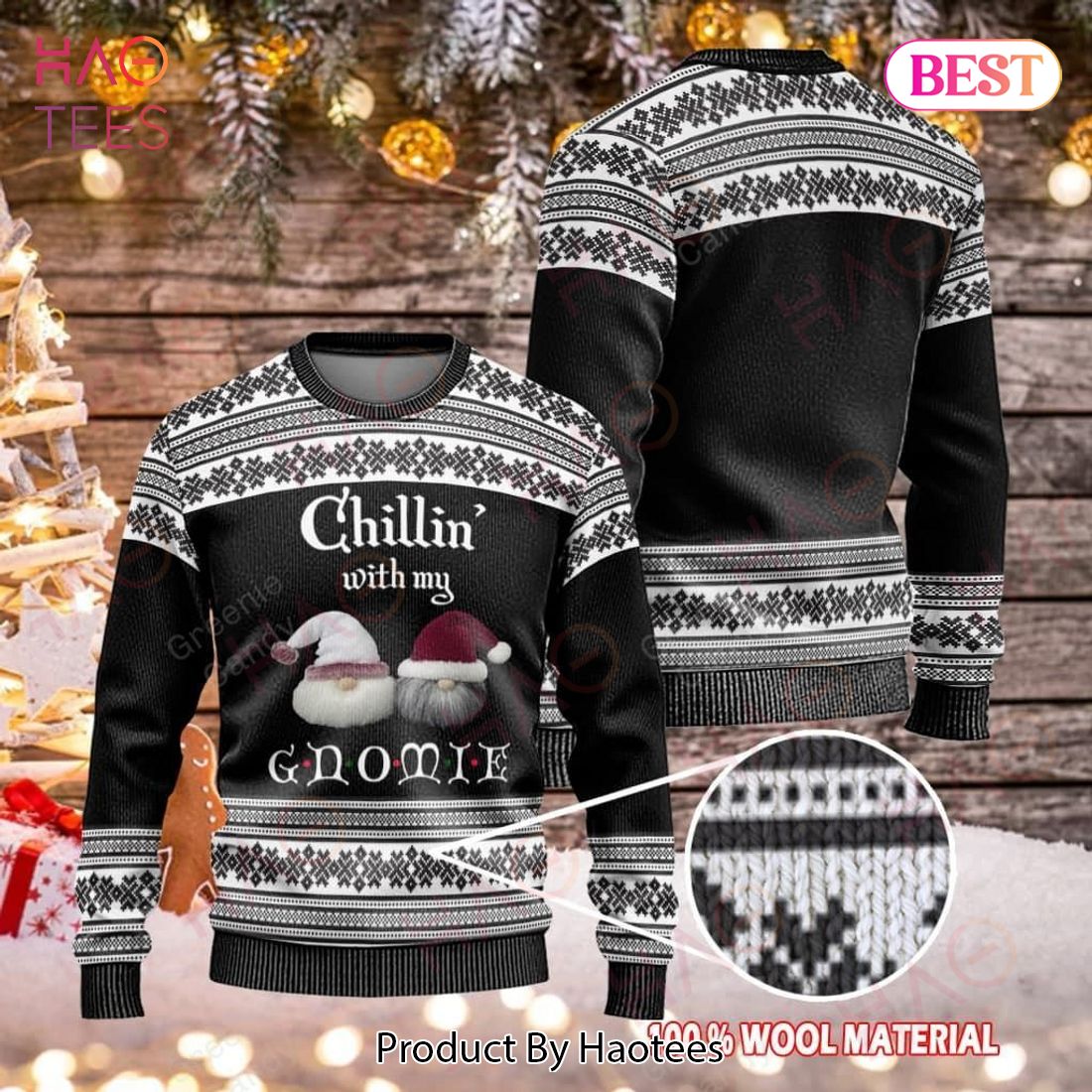 Gifury Gnome Christmas Ugly Sweater Chilling With My Gnomie Christmas Pattern Black White Sweater Gnome Apparel 2022