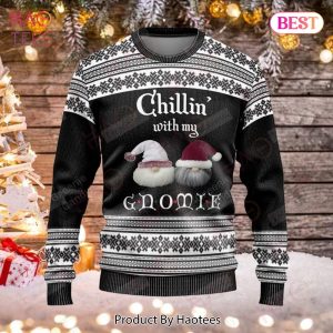 Gifury Gnome Christmas Ugly Sweater Chilling With My Gnomie Christmas Pattern Black White Sweater Gnome Apparel 2022