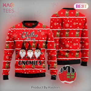 Gifury Gnome Christmas Ugly Sweater Three Gnomes Chilling With My Gnomie Christmas Pattern Red Sweater Gnome Apparel 2022
