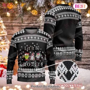 Gifury Gnome Christmas Ugly Sweater Three Gnomes Let It Be Gnomies Christmas Pattern Black White Sweater Gnome Apparel 2022