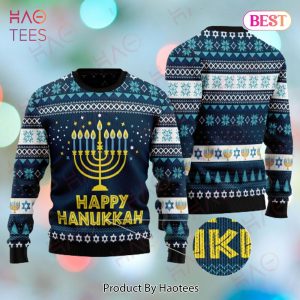 Gifury Hanukkah Ugly Sweater Happy Hanukkah Candles White Blue Sweater Hanukkah Sweater 2022
