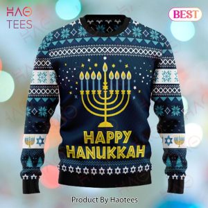 Gifury Hanukkah Ugly Sweater Happy Hanukkah Candles White Blue Sweater Hanukkah Sweater 2022