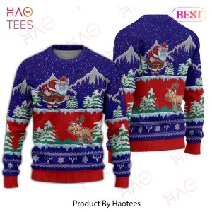 Gifury Hunting Ugly Christmas Sweater Moose Hunter Santa Blue Sweater Hunting Sweater 2022