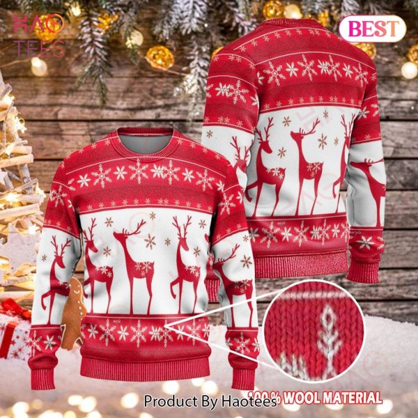 Gifury Reindeer Sweater Reindeer Christmas Snowflakes Pattern Red And White Ugly Sweater Reindeer Ugly Sweater 2022