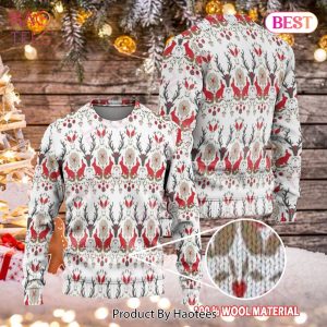 Gifury Reindeer Sweater Reindeer Rabbit Pattern White Red Ugly Sweater Reindeer Ugly Sweater 2022