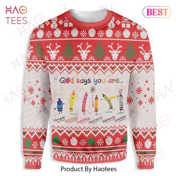 Gifury Teacher Christmas Sweater God Says You Are Awesome Teacher Crayons White Ugly Sweater Teacher Ugly Sweater 2022