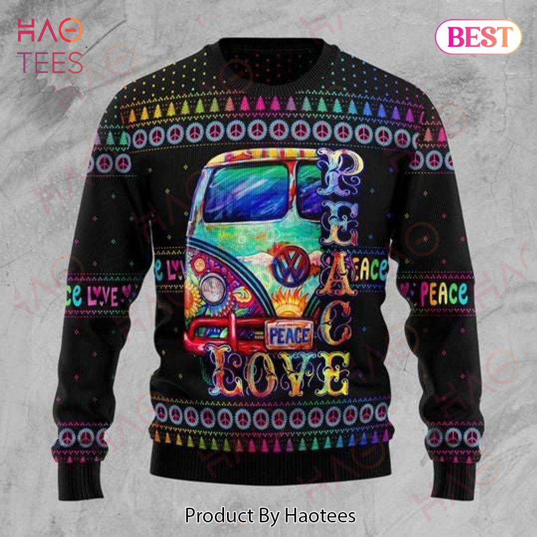 Hippie Sweater Peace Love Painting Hippie Van Peace Sign Pattern Black Ugly Sweater 2022