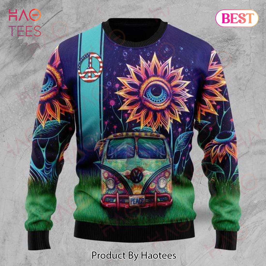 Hippie Sweater The Eye Sunflower Peace Sign Car Blue Ugly Sweater Full Print Full Size Unisex 2022
