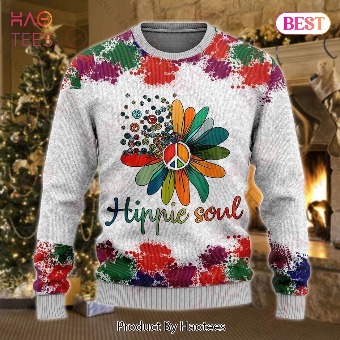 Hippie Ugly Sweater Hippie Soul Peace Sign Flower Watercolor Sweater 2022