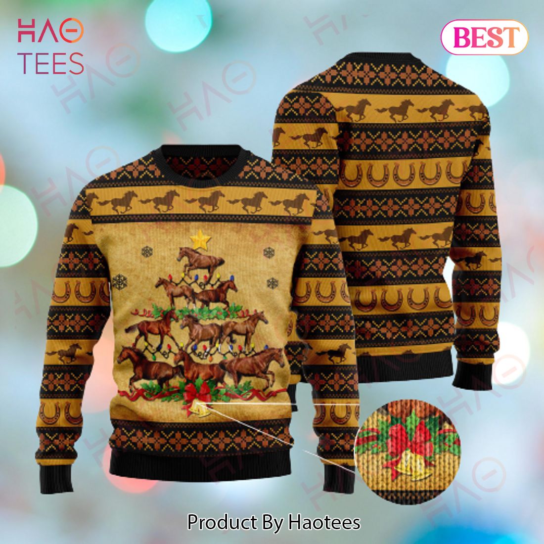 Horse Christmas Ugly Sweater Horse Christmas Tree Brown Yellow Sweater 2022