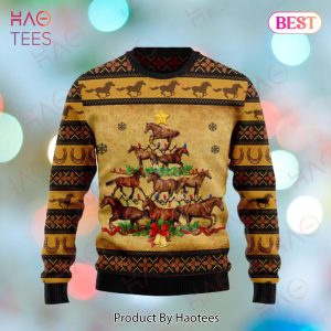 Horse Christmas Ugly Sweater Horse Christmas Tree Brown Yellow Sweater 2022