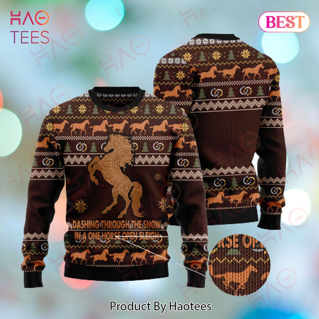 Horse Christmas Ugly Sweater Horse Dashing Through The Snow In A One Horse Open Sleigh Brown Sweater 2022