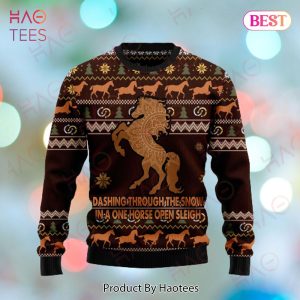 Horse Christmas Ugly Sweater Horse Dashing Through The Snow In A One Horse Open Sleigh Brown Sweater 2022