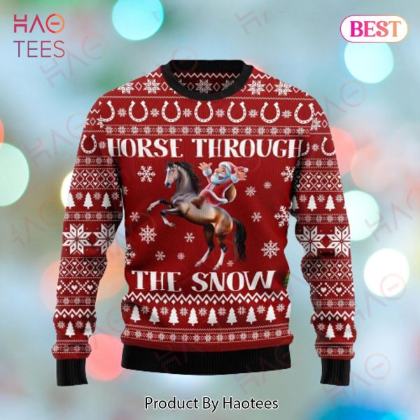 Horse Christmas Ugly Sweater Santa Claus Horse Through The Snow Red White Sweater 2022