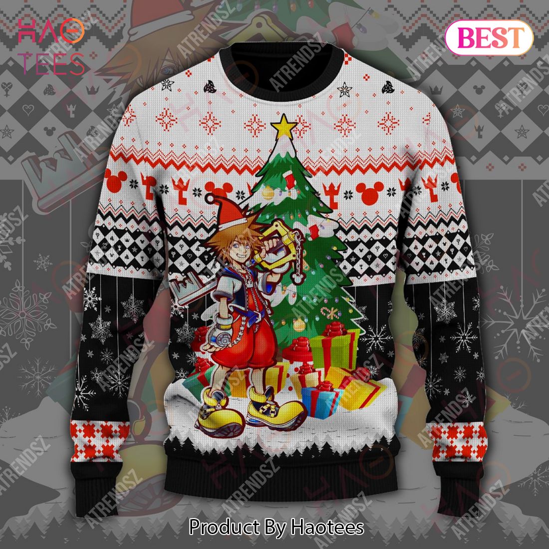 Kingdom Hearts Ugly Sweater Sora Christmas Tree Black White Sweater 2022