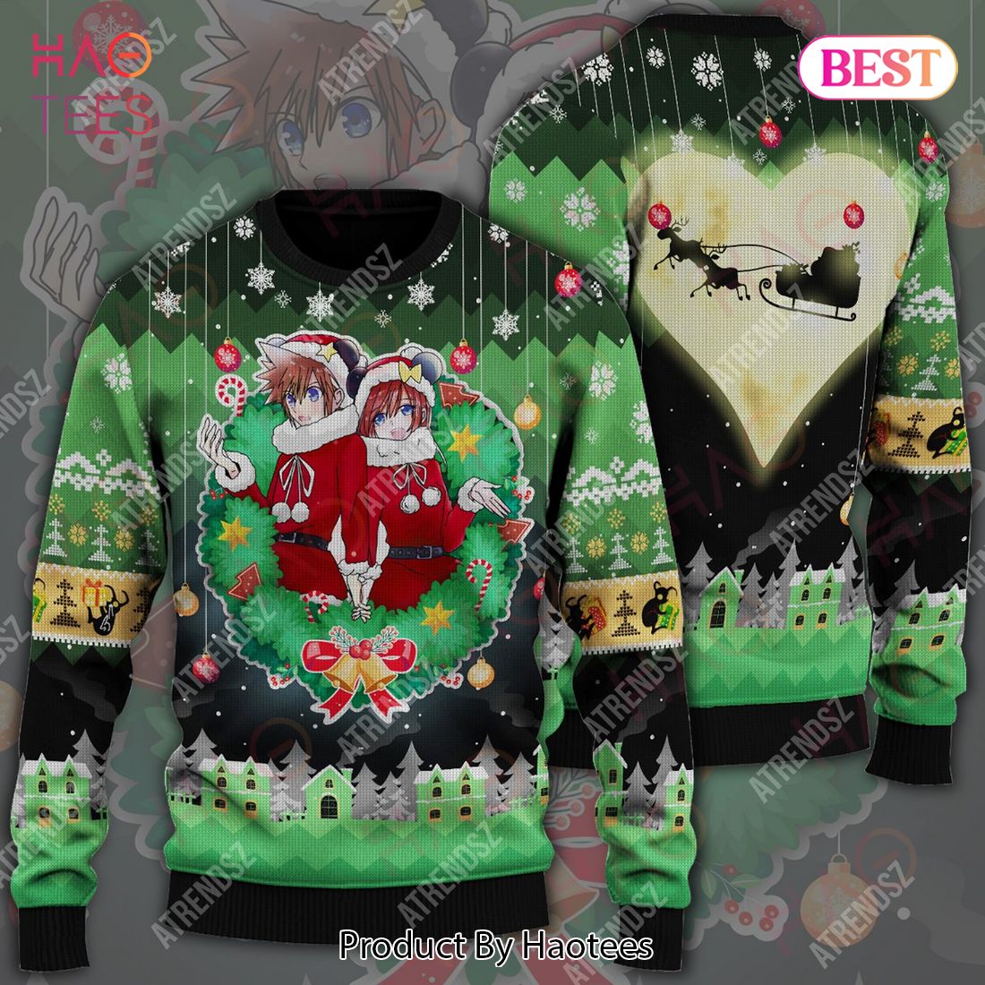 Kingdom Hearts Ugly Sweater Sora Kairi Christmas Wreath Green Sweater 2022