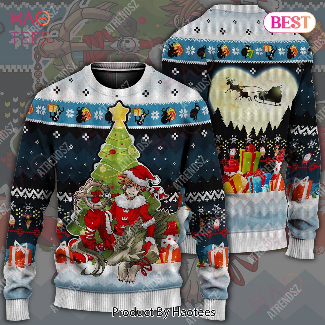 Kingdom Hearts Ugly Sweater Sora Wolf Link Christmas Tree Blue Sweater 2022