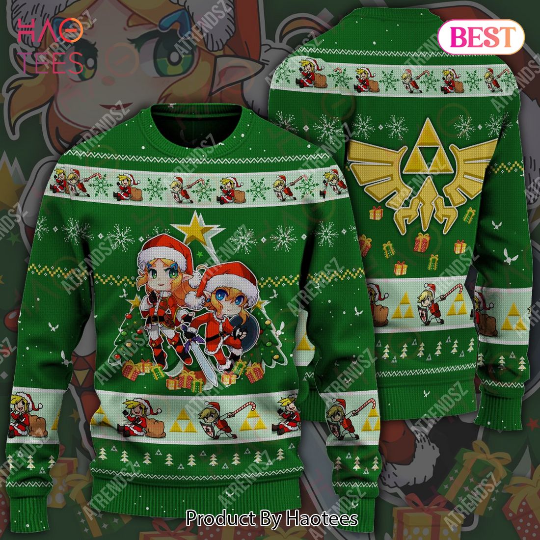 Legend Of Zelda Sweater Green Chibi Link Zelda Hyrule Symbol Ugly Sweater Legend Of Zelda Ugly Sweater 2022