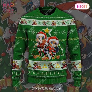 Legend Of Zelda Sweater Green Chibi Link Zelda Hyrule Symbol Ugly Sweater Legend Of Zelda Ugly Sweater 2022