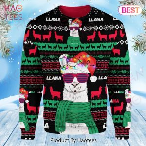 Llama Christmas Ugly Sweater Cool Llama With Sunglasses And Scarf Black Green Christmas Sweater 2022
