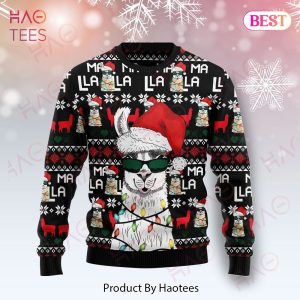 Llama Christmas Ugly Sweater Cool Llama With Sunglasses Christmas Hat Light Black Sweater 2022