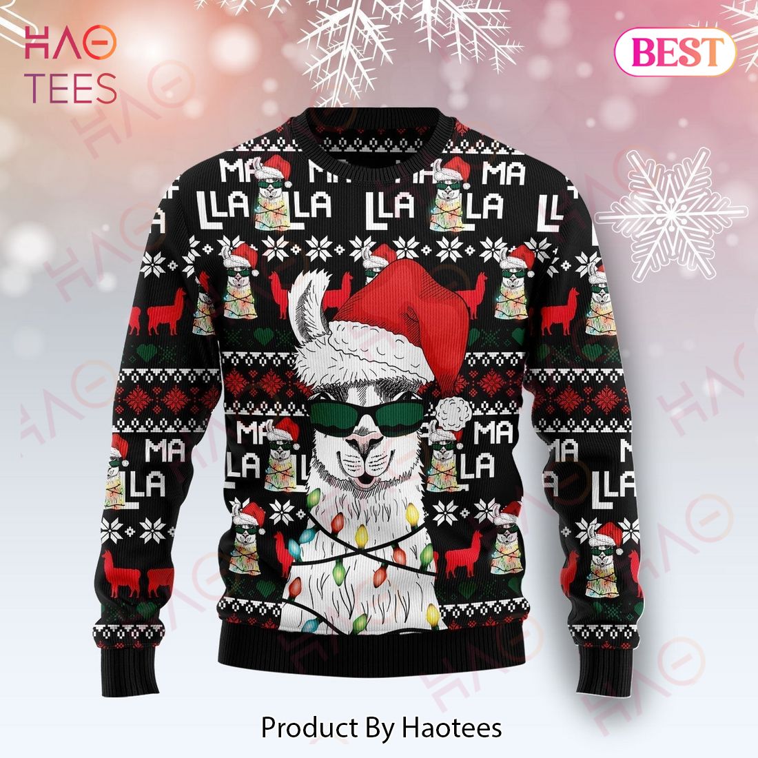 Llama Christmas Ugly Sweater Cool Llama With Sunglasses Christmas Hat Light Black Sweater 2022 Llama Christmas Ugly Sweater Cool Llama With Sunglasses Christmas Hat Light Black Sweater 2022