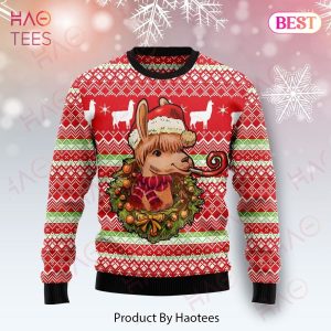 Llama Christmas Ugly Sweater Llama Wears Christmas Hat Wreath Red Sweater 2022